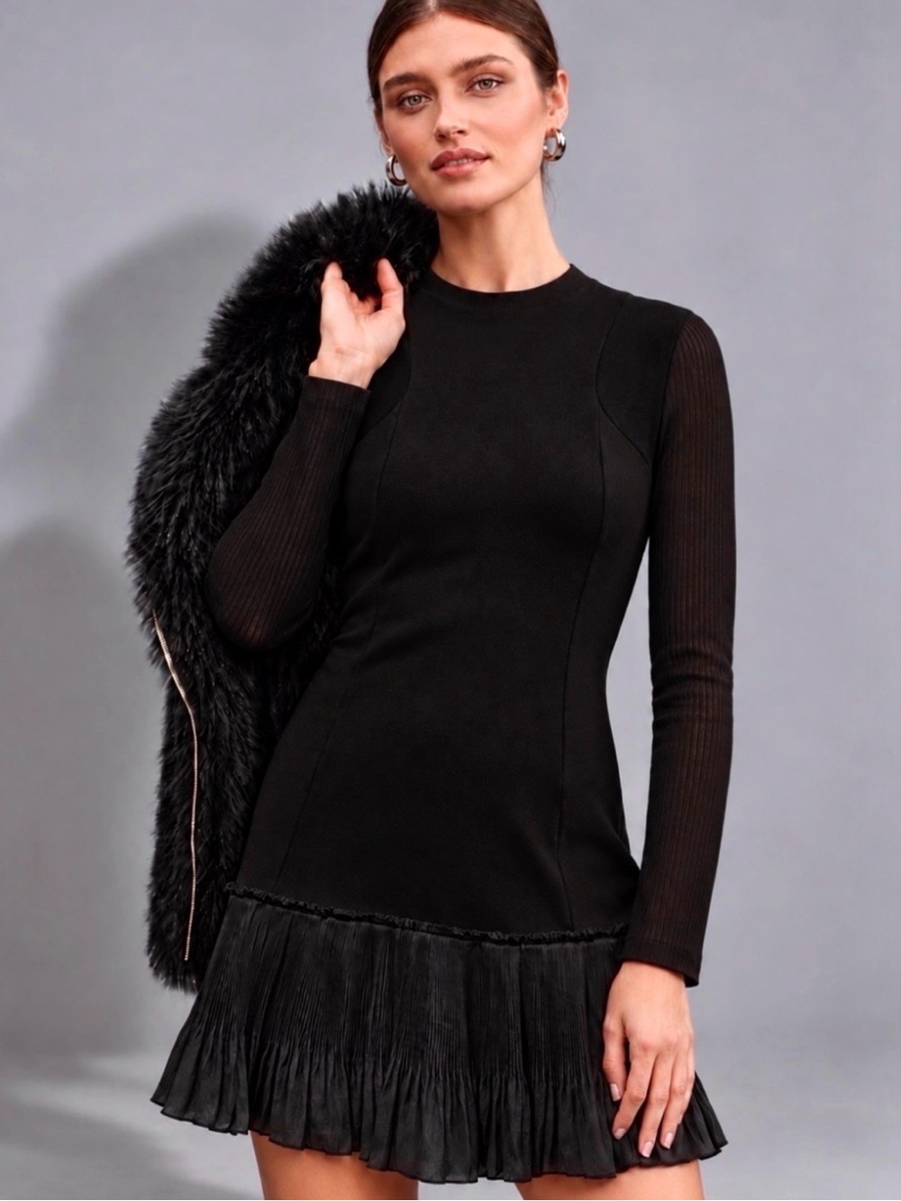 PINKO Maniglia Black Virgin Wool Pleated Ruffle Mini Dress Size 8